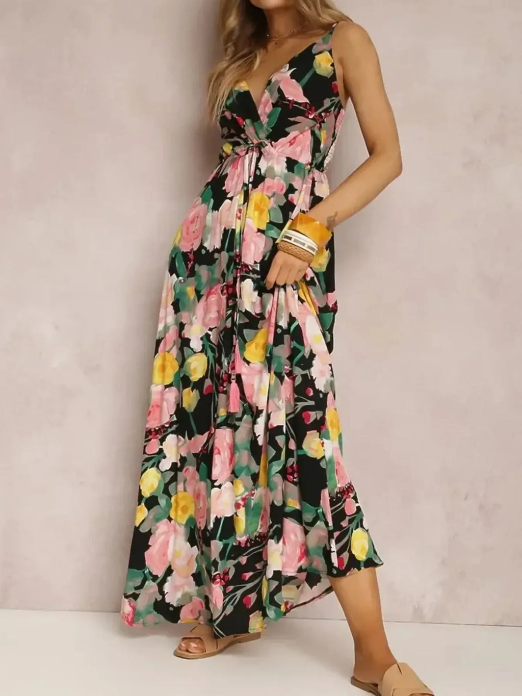 Floral Print Surplice Spaghetti Strap Maxi Dress