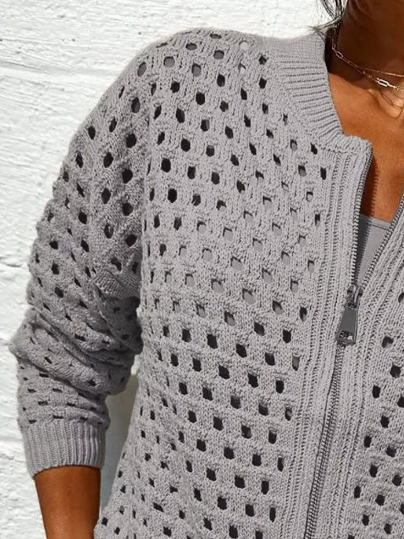 Full Size Zip Up Long Sleeve Cardigan with Eyelet Detail Plus Size