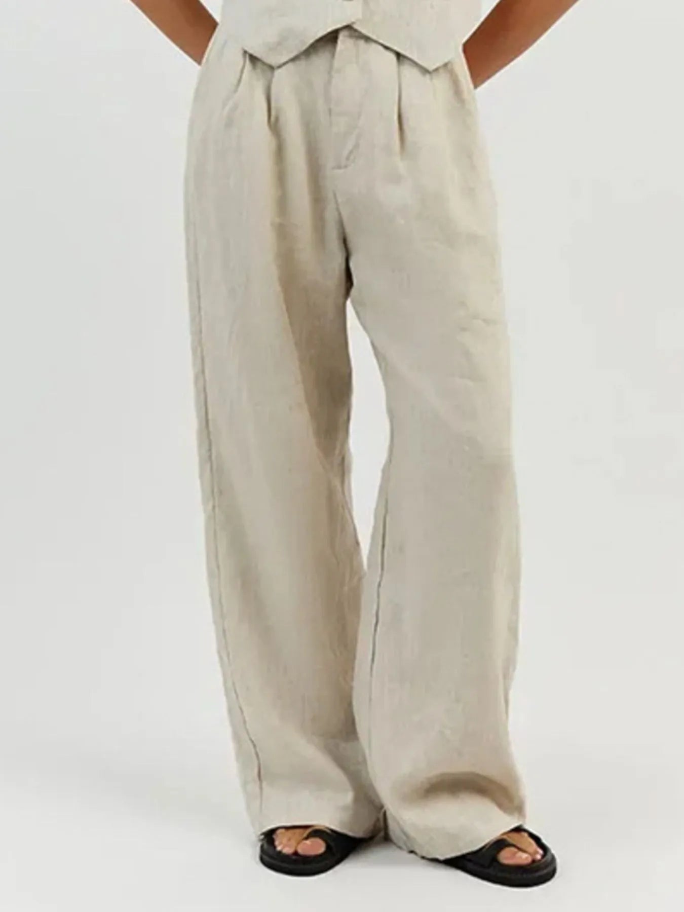 Full Size V-Neck Vest and Wide Leg Pants Set Plus Size