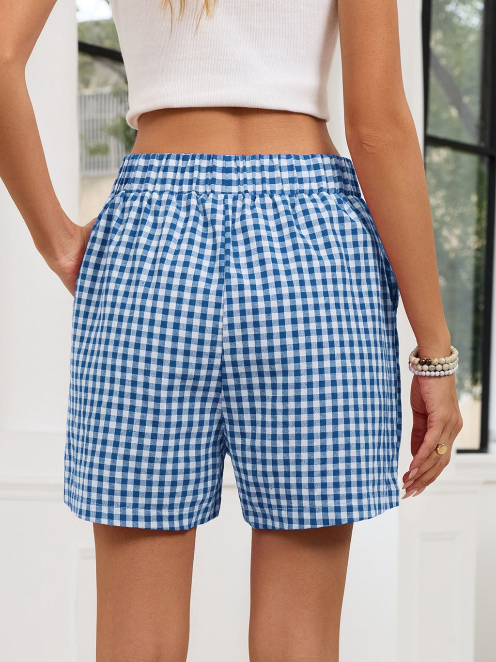 Gingham Elastic Waist Casual Shorts