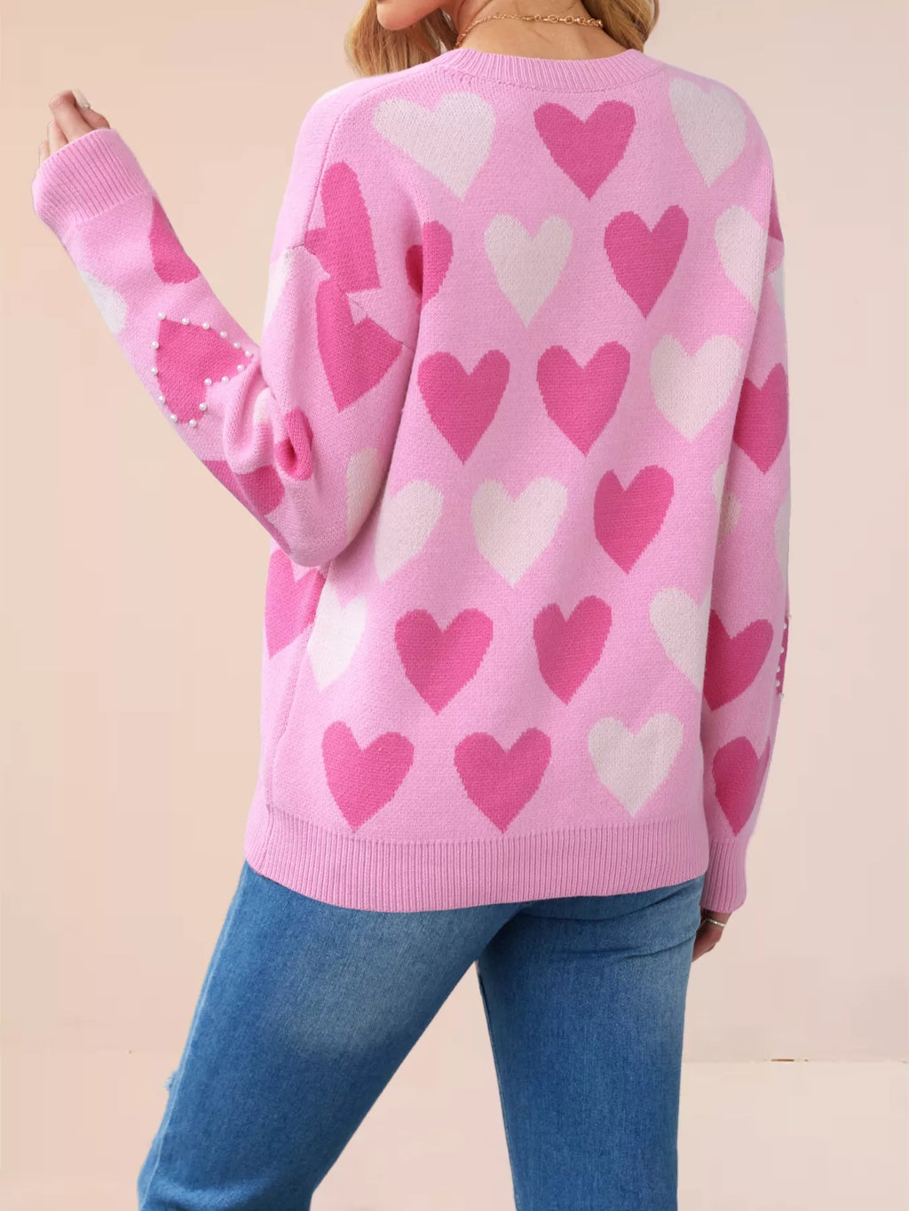 Heart Pattern Beaded Round Neck Sweater