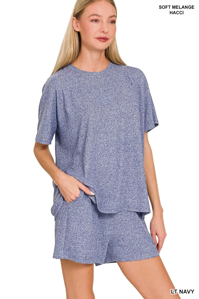 Zenana Soft Melange Short Sleeve Tee and Shorts Set