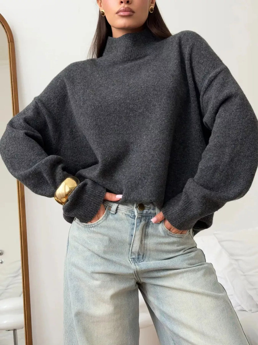 Mock Neck Dropped Shoulder Sweater
