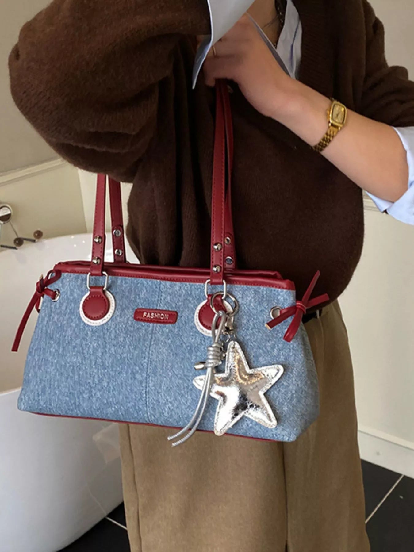 Denim Shoulder Bag with Star Charm