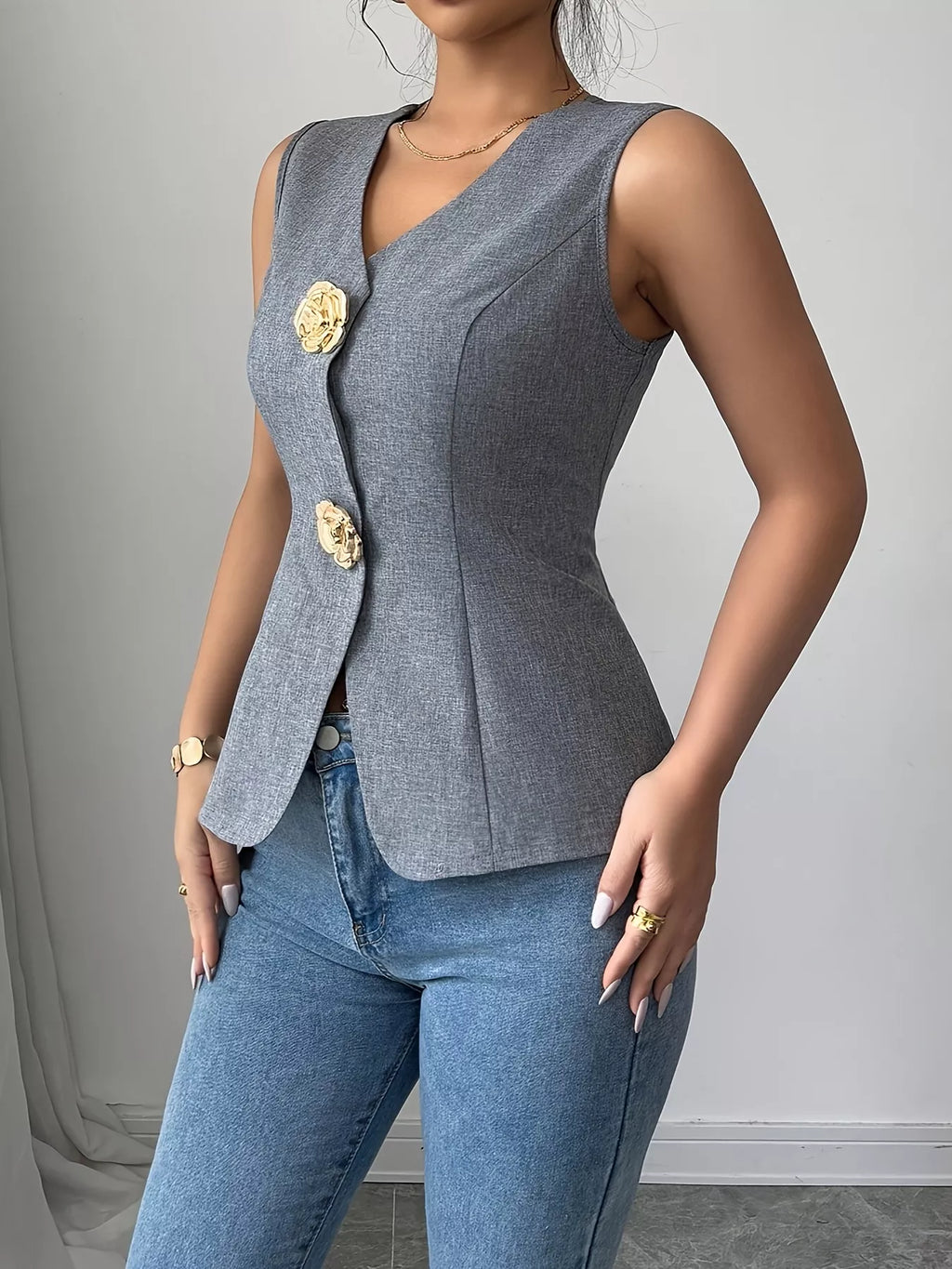 Flower Button Vest Coat