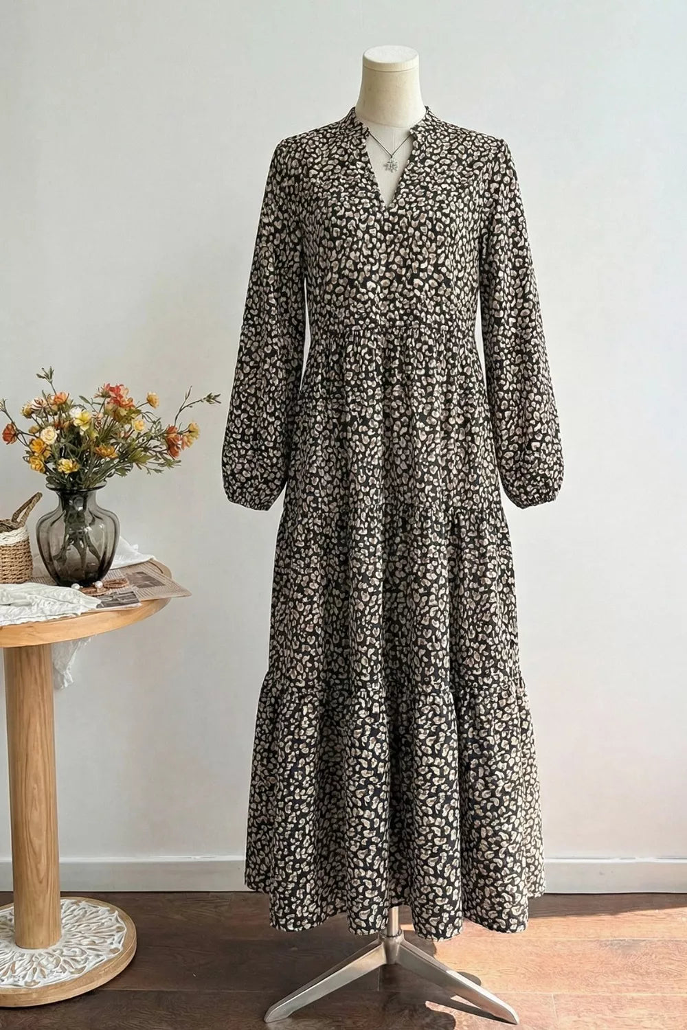 Leopard Notched Balloon Sleeve Dress