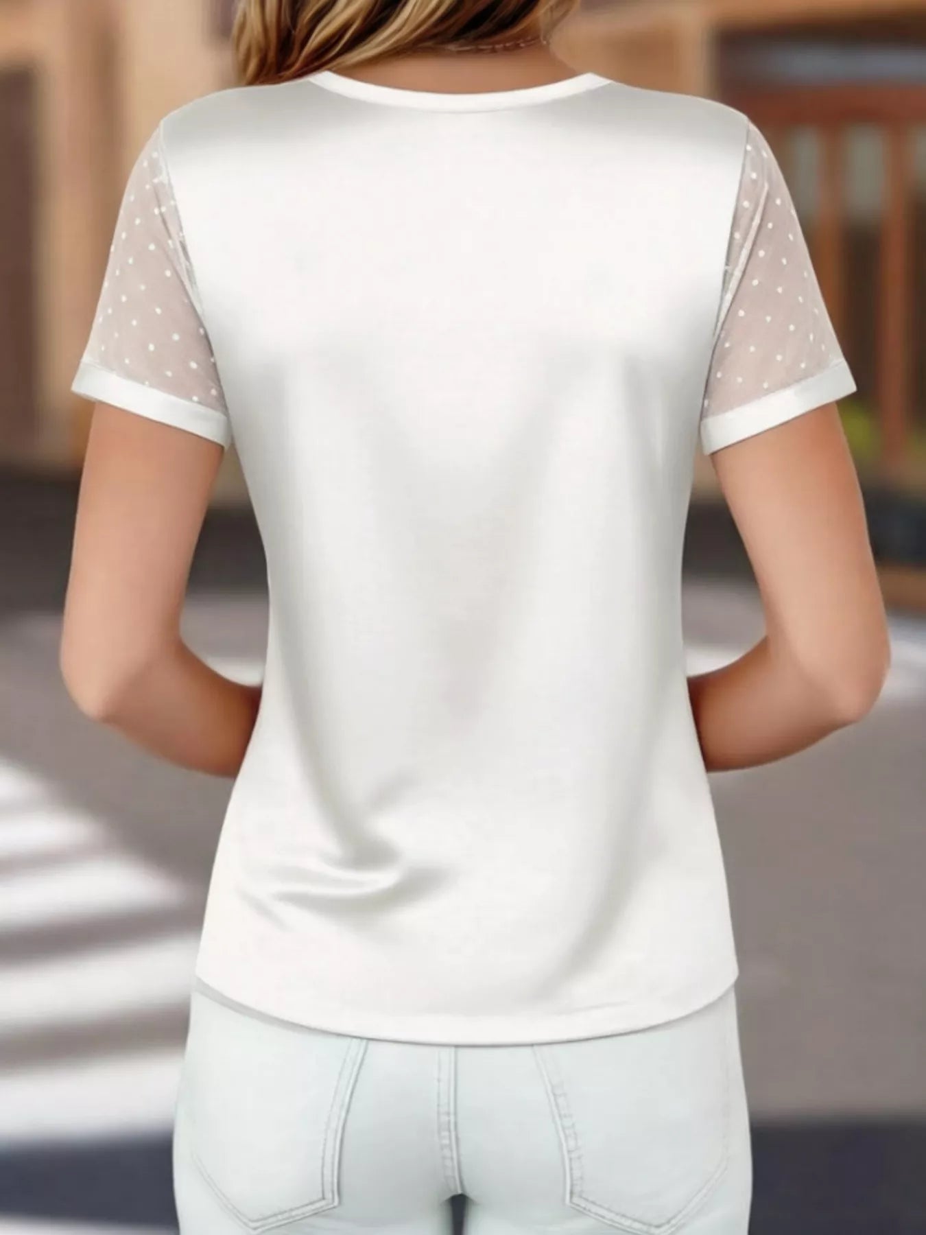 Satin V-Neck Sheer Short Sleeve Top