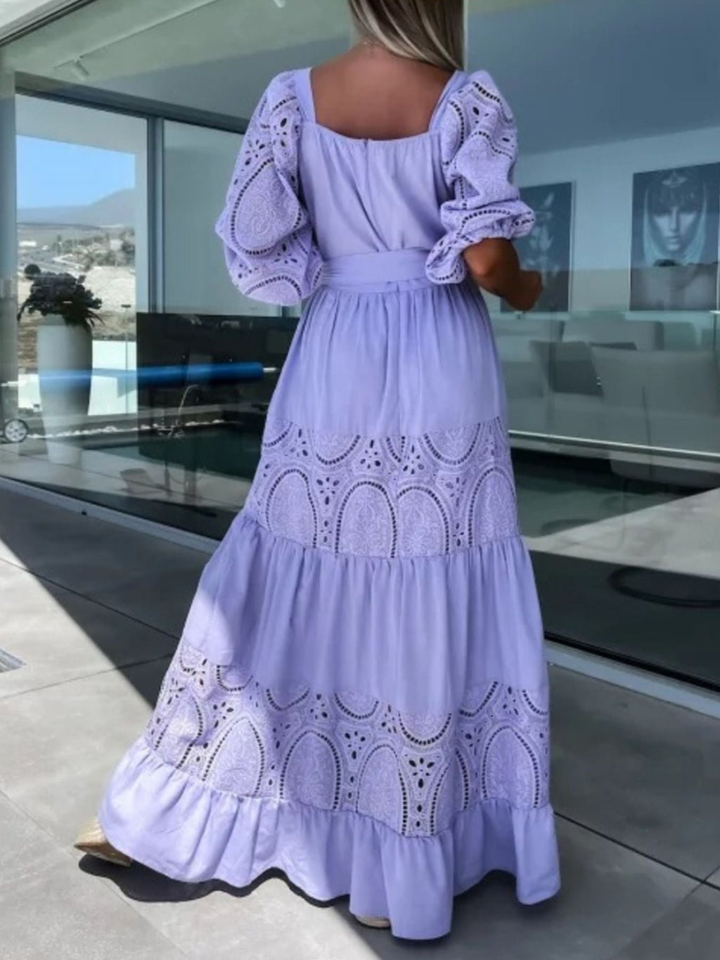 Lace Sleeve Belted Tiered Ruffled Maxi Dress