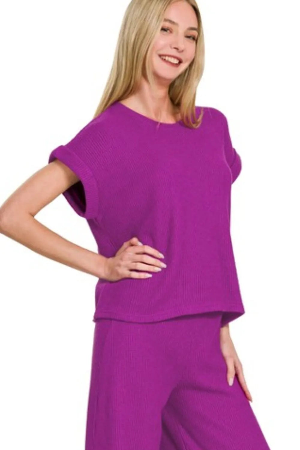 Zenana Rolled Sleeve Top and Pants Sweater Set