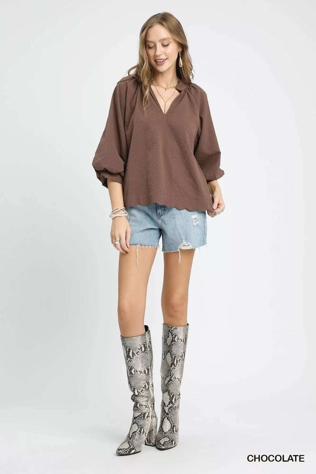 Umgee Full Size Textured Notched Balloon Sleeve Blouse Plus Size