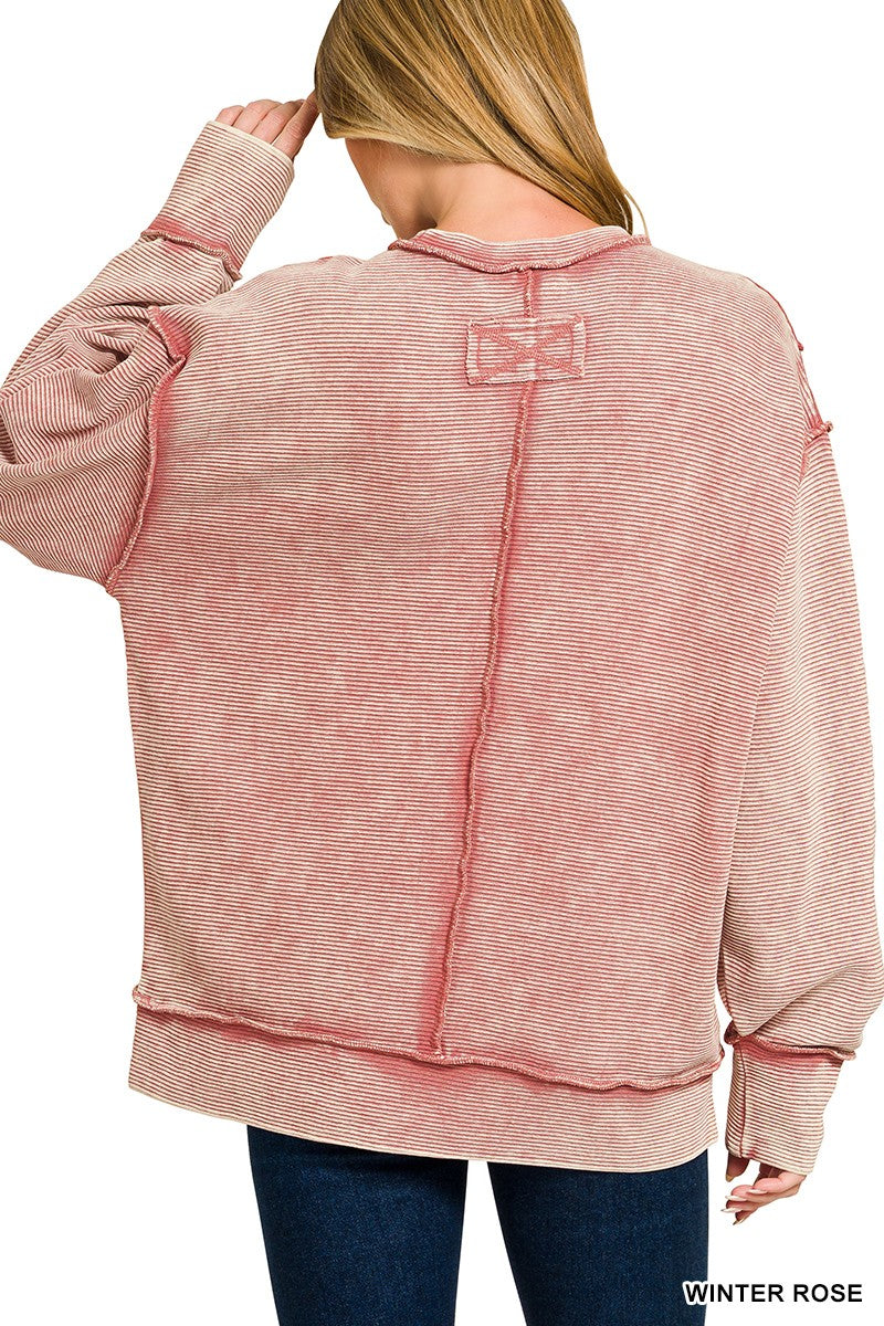 Zenana Acid Washed Double Ribbed Exposed-Seam Sweatshirt