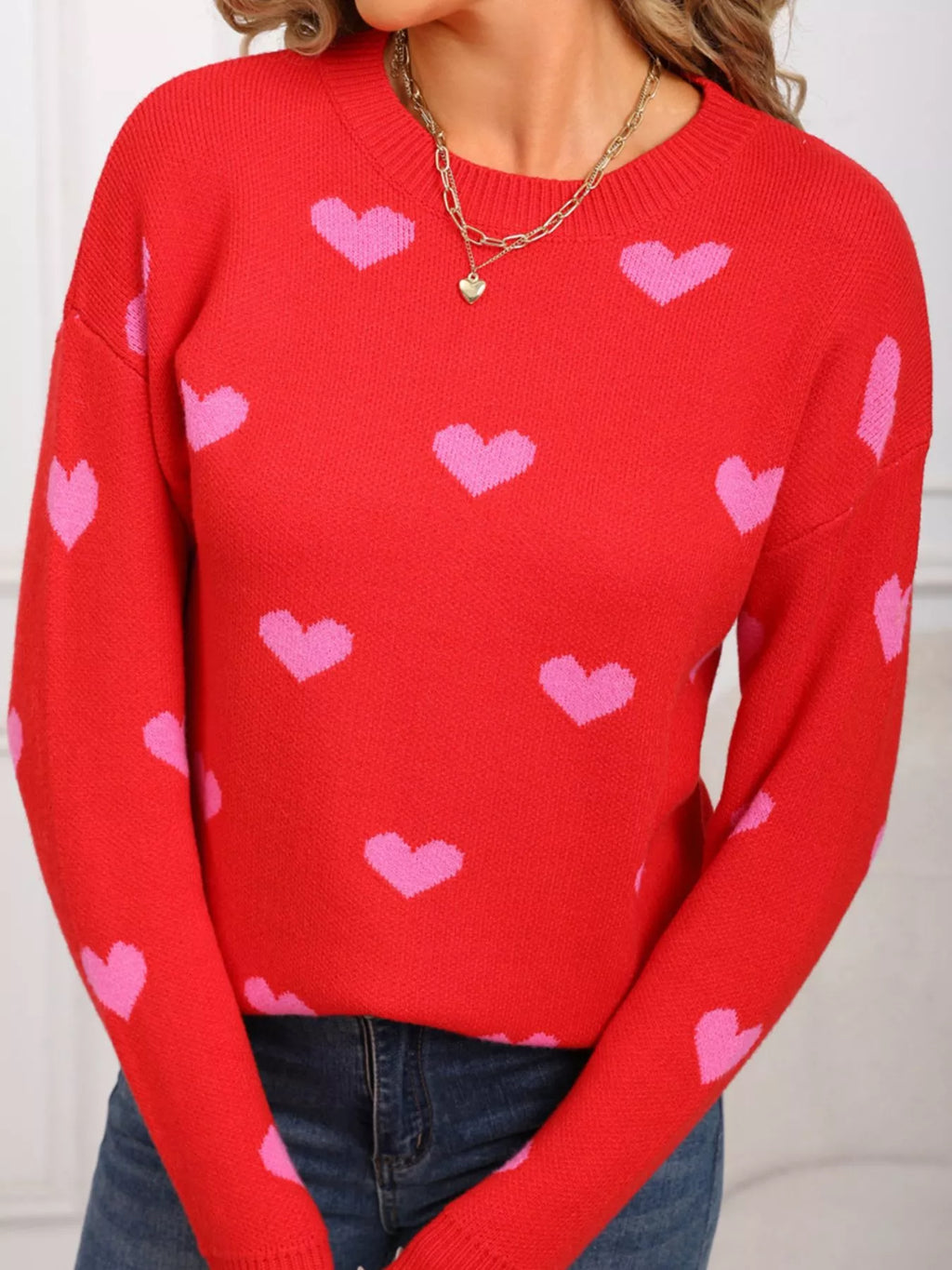 Valentine's Day Heart Pattern Dropped Shoulder Sweater