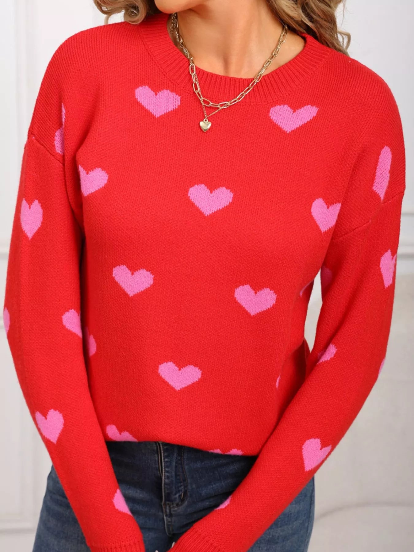 Valentine's Day Heart Pattern Dropped Shoulder Sweater