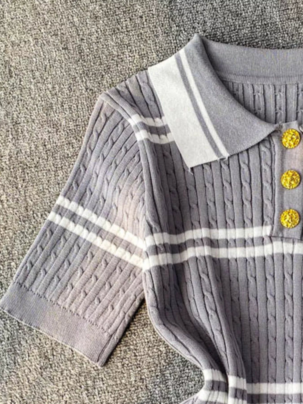 Striped Knit Polo Collar Top