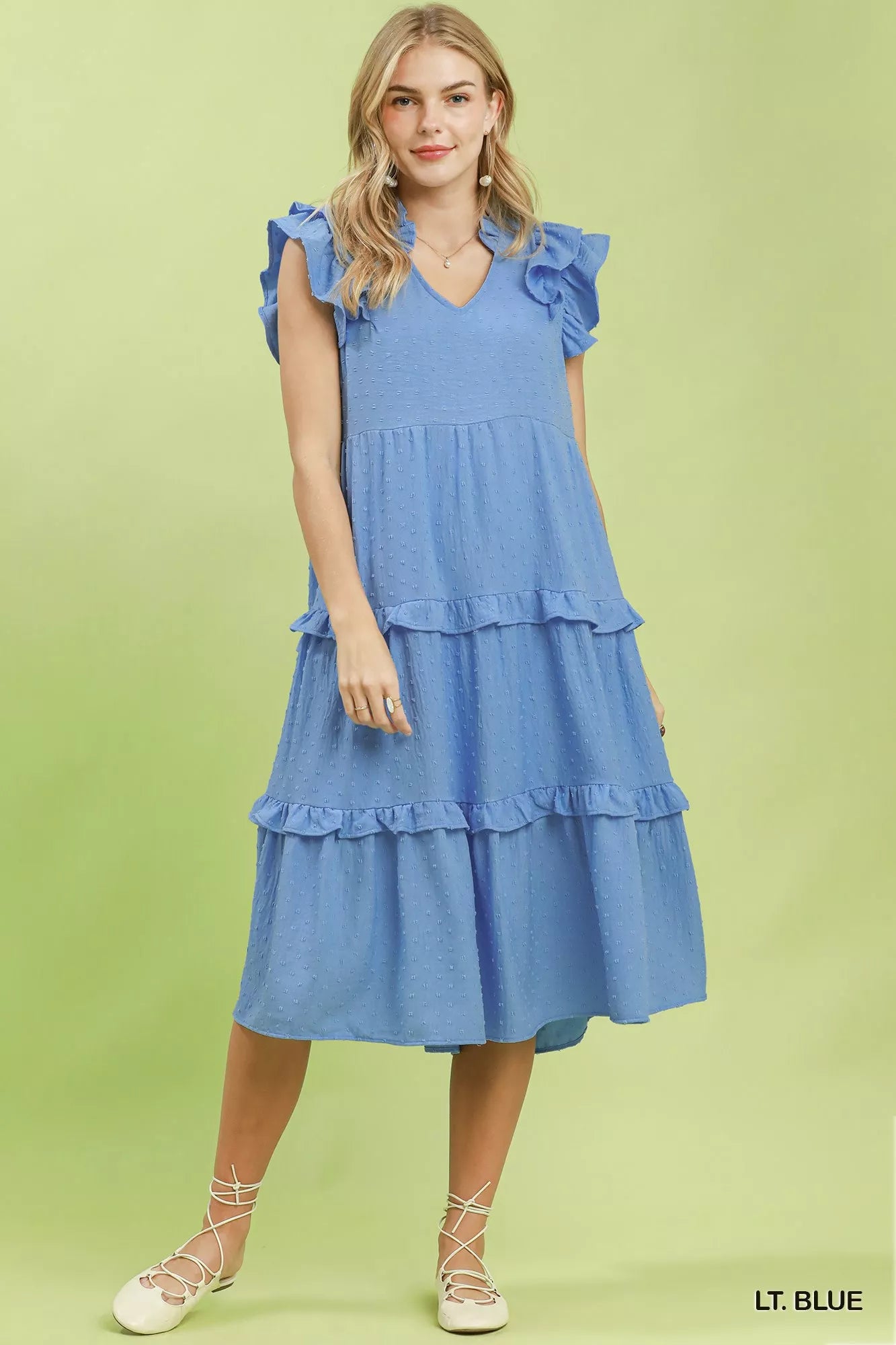 Umgee Textured Ruffle Sleeve Tiered Midi Dress