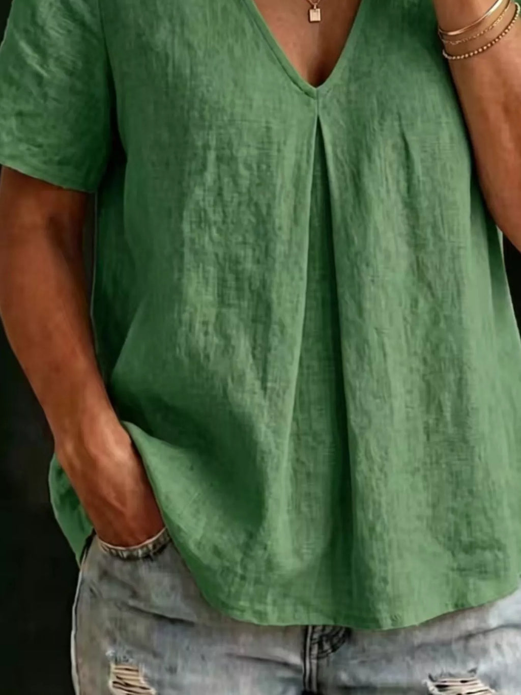 Full Size V-Neck Pleated Short Sleeve Blouse Plus Size