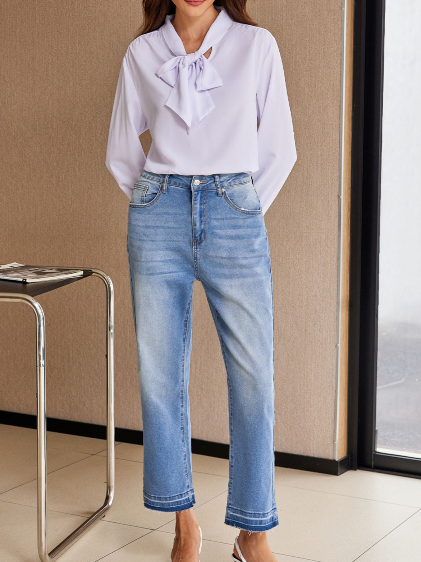 Whiskered Wash Raw Hem Cropped Jeans