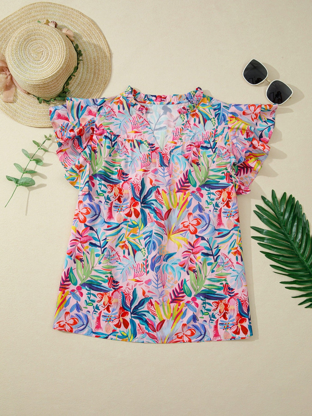 Tropical Floral Print Frilly Notched Neck Ruffled Short Sleeve Blouse