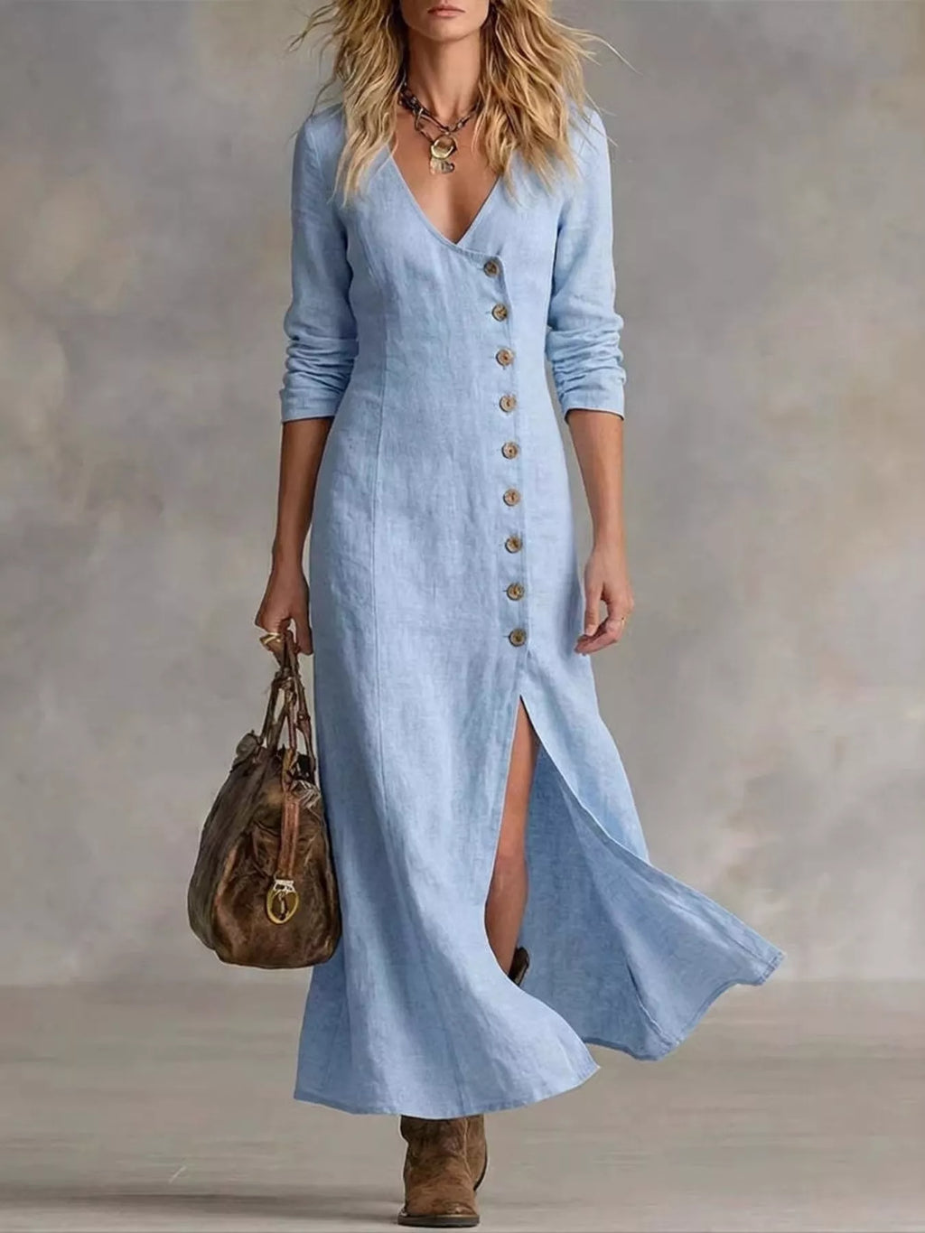 Full Size Button Front Slit Maxi Dress Plus Size