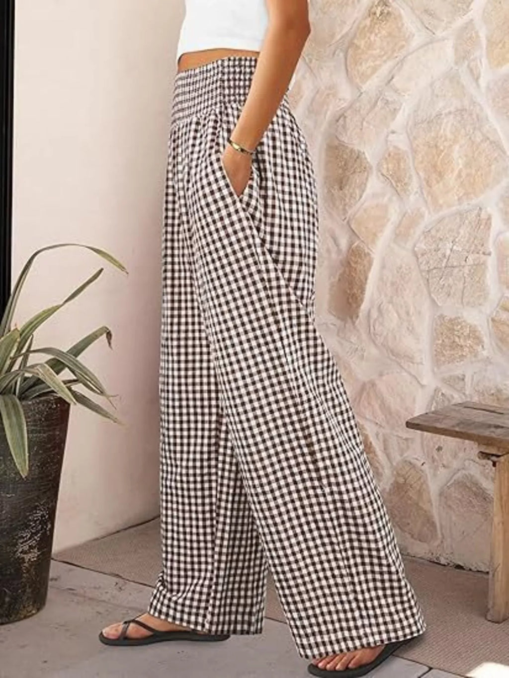 Gingham Wide-Leg Pants