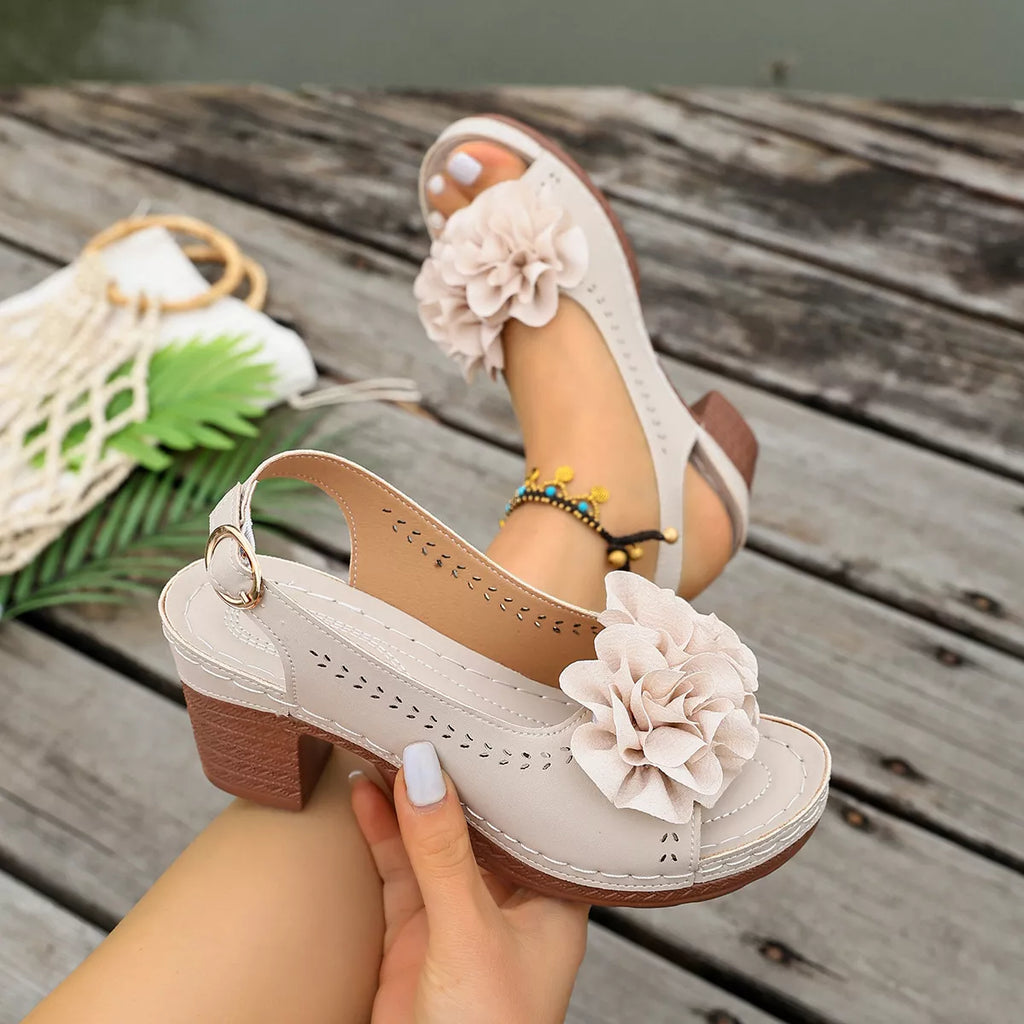 Floral Decor Chunky Heel Sandals