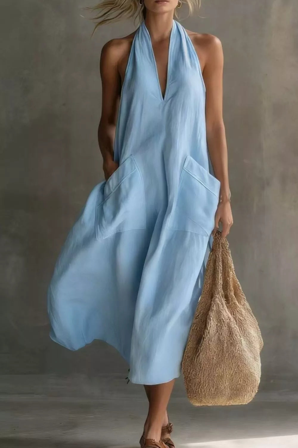 Casual Halter Neck Pocket Midi Dress