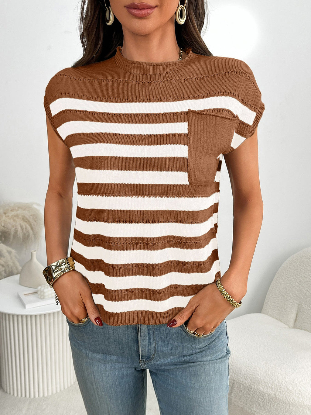 Striped Knit Pocket Detail Cap Sleeve Sweater