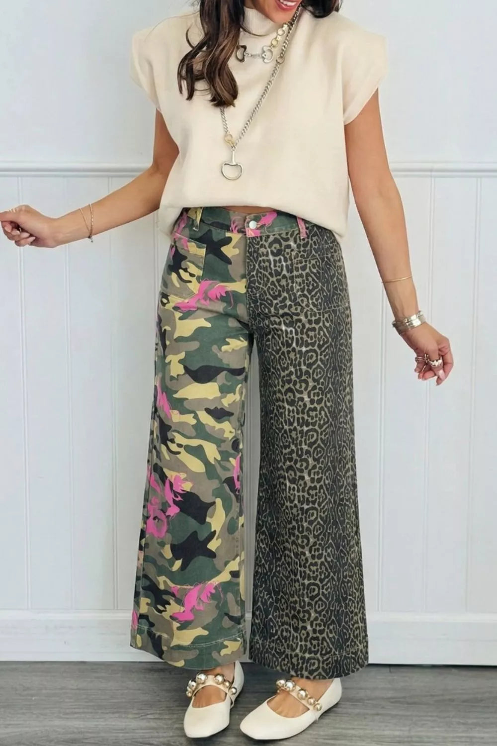 Multicolour Retro Floral Leopard Contrast Patchwork Raw Hem Jeans