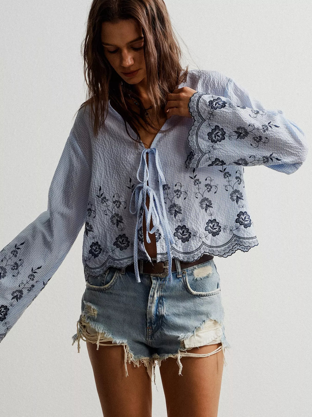 Floral Embroidered Tie-Front Blouse