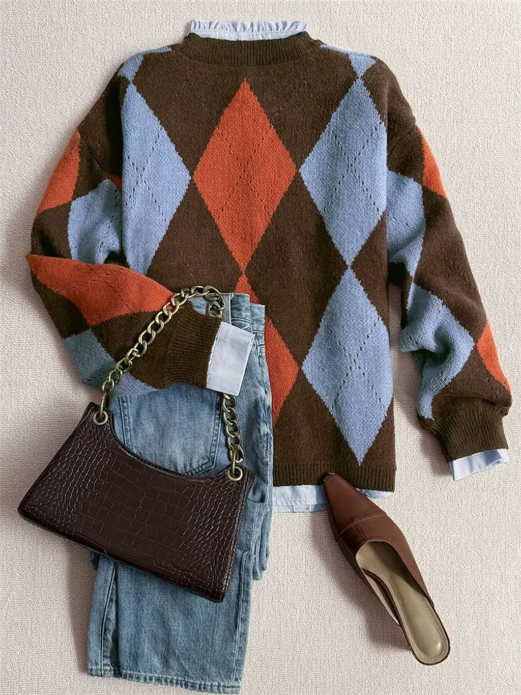 Vintage Argyle Round Neck Sweater