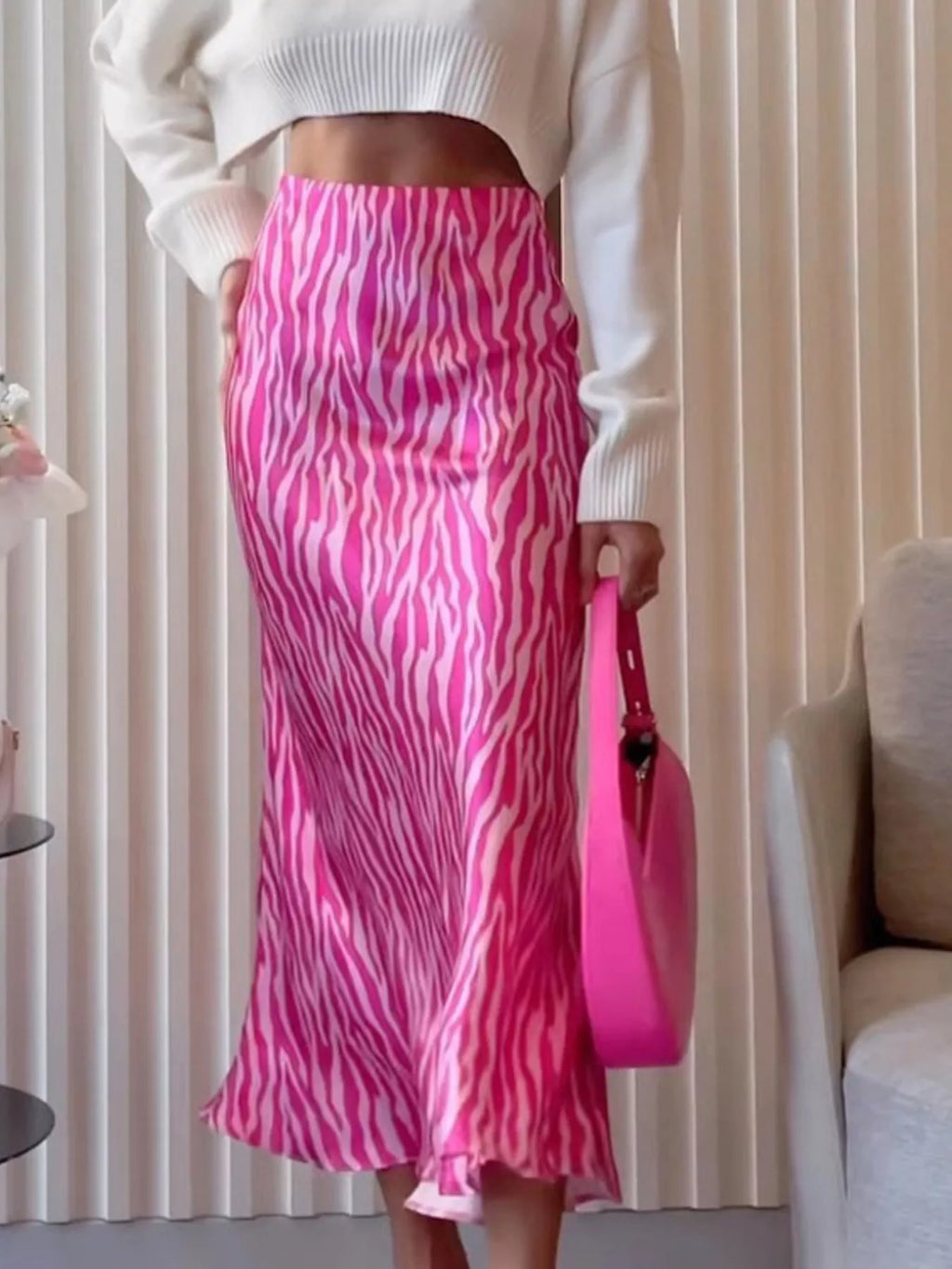 Satin Zebra Print Midi Skirt