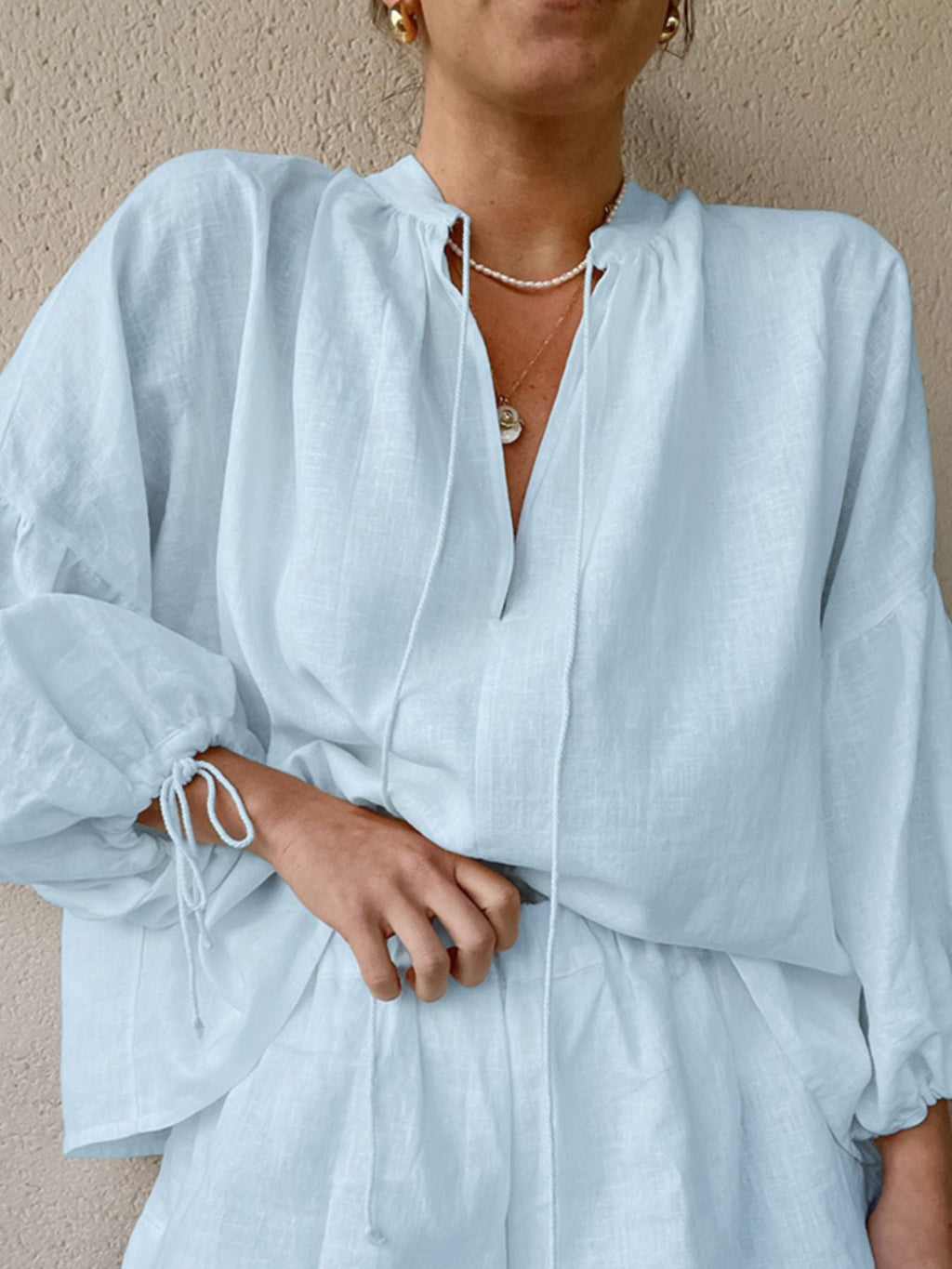 Tie Neck Balloon Sleeve Blouse and Shorts Set