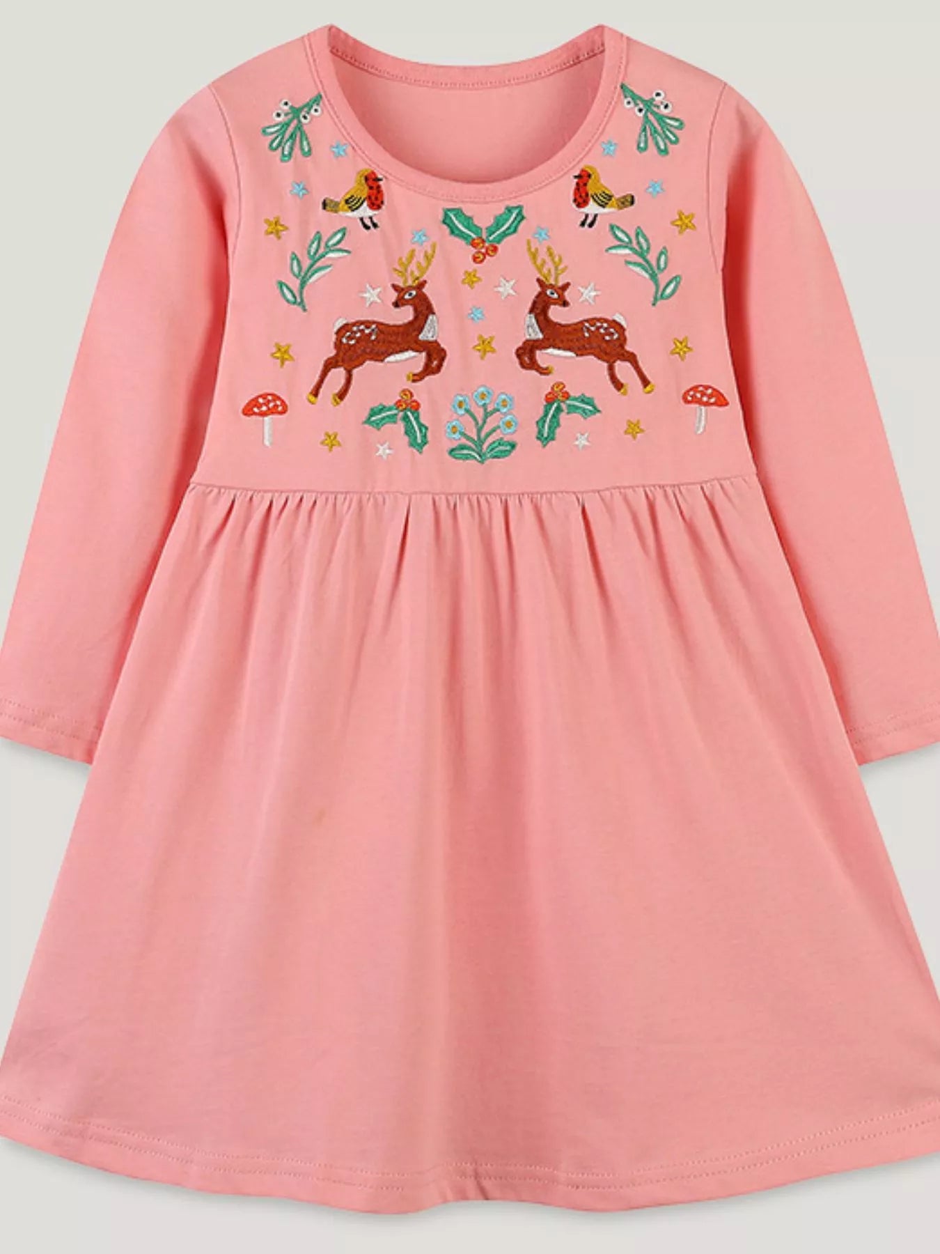 Children's Long Sleeve Embroidered Deer Dress