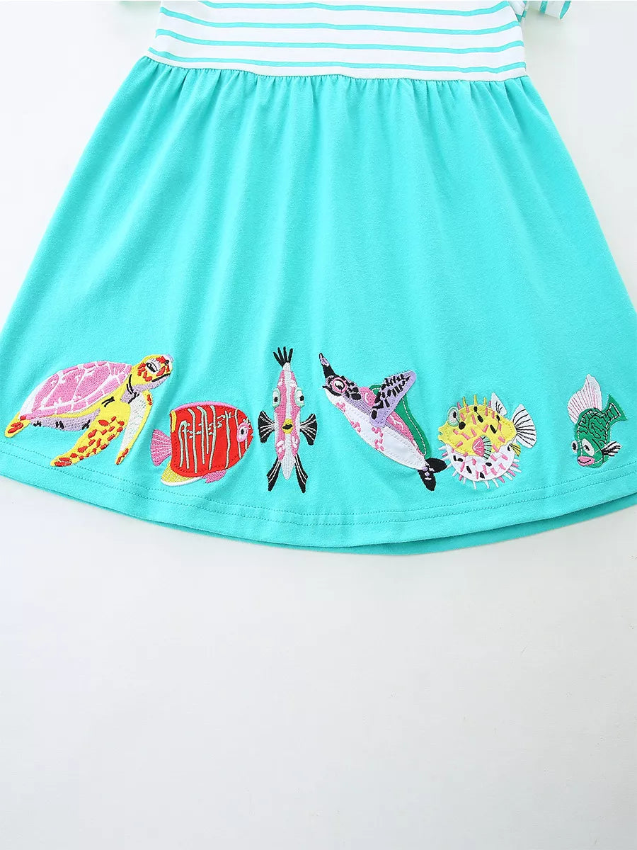 Children's Striped Turtle and Fish Embroidered Dress