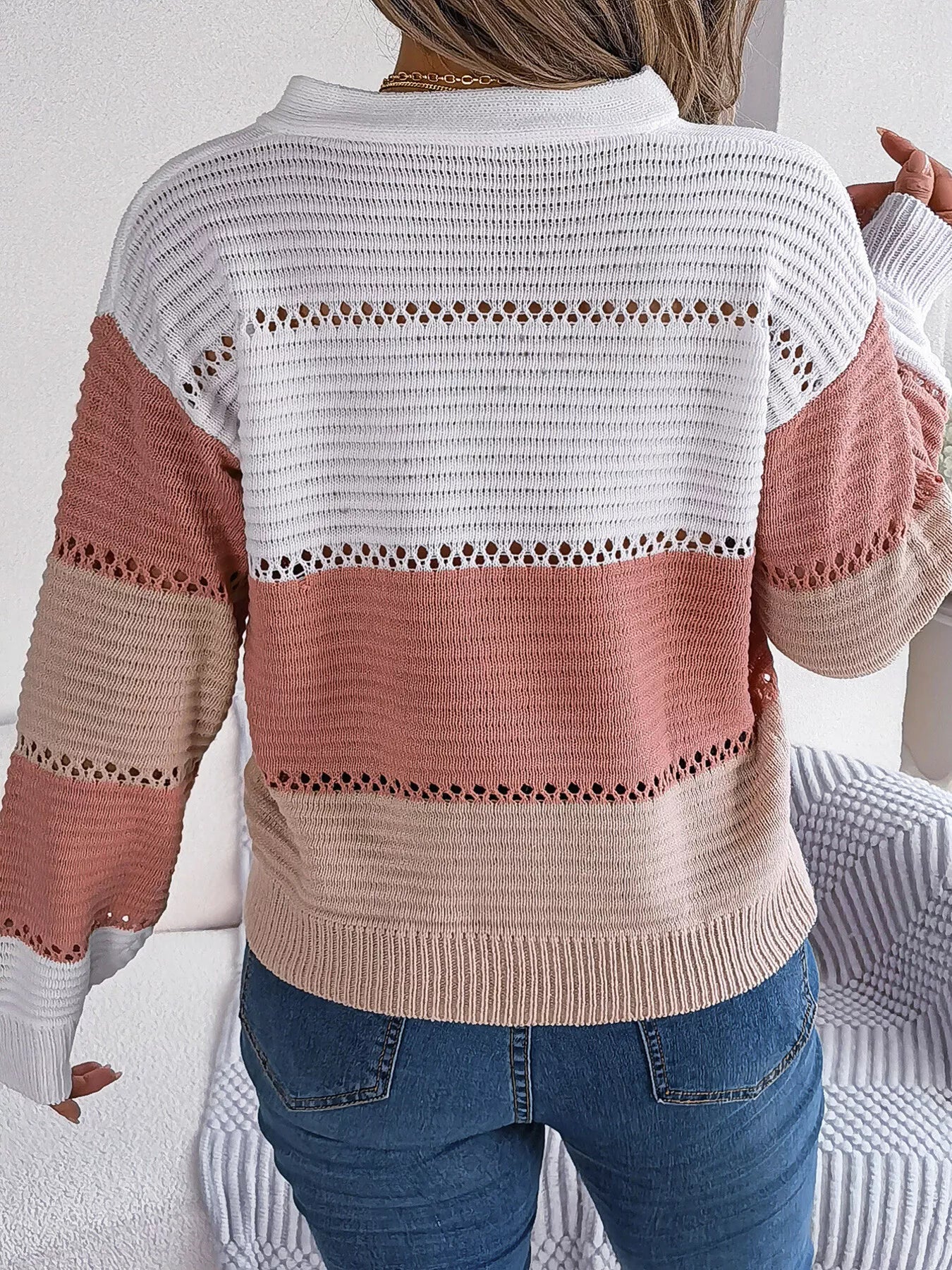 Color Block Striped V-Neck Button Detail Sweater