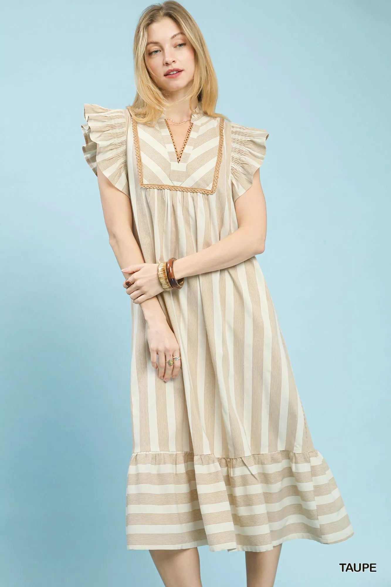 Umgee Stripe Ruffle Sleeve Tiered Midi Dress