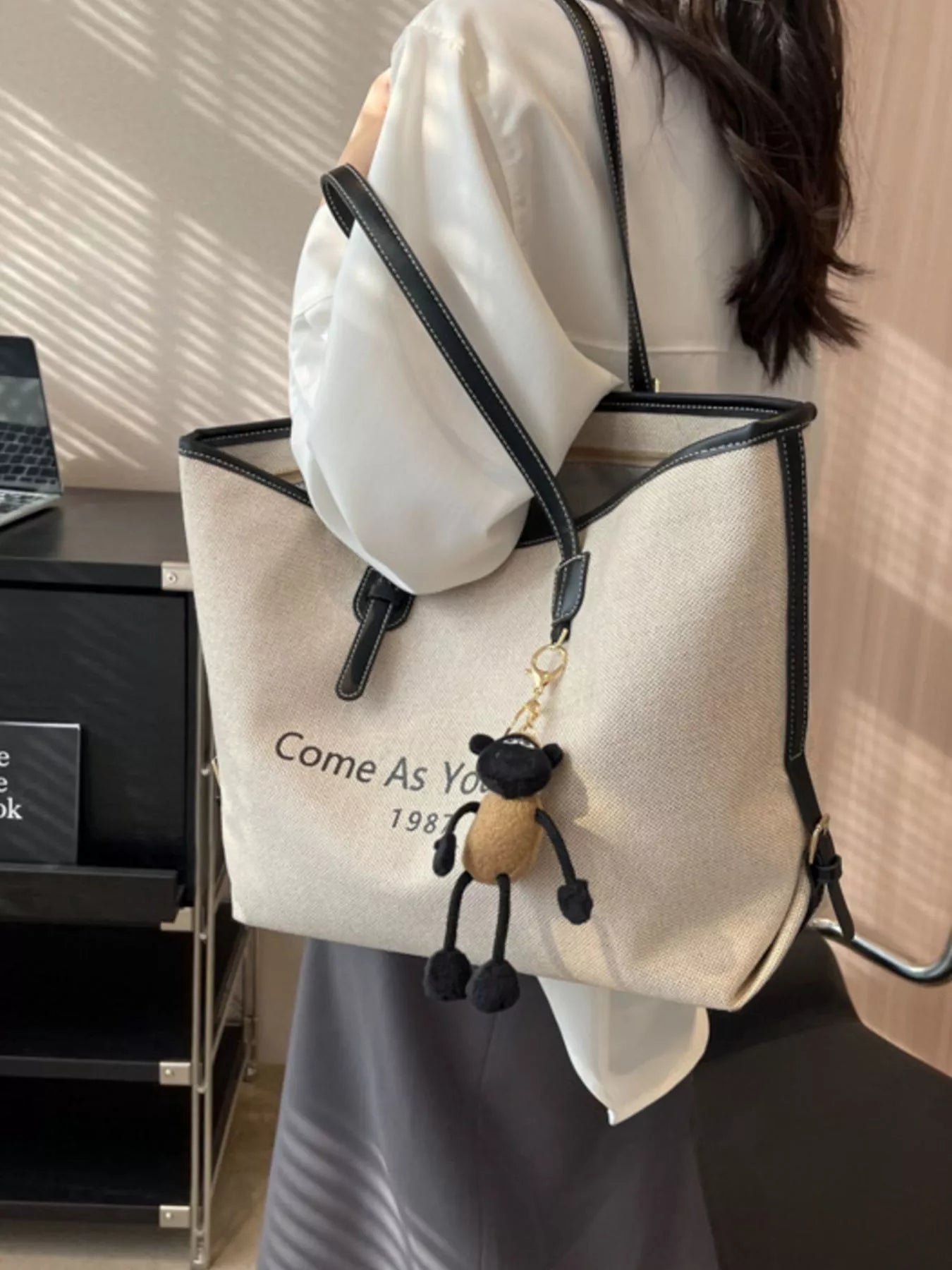 Canvas Tote Shoulder Bag with Charm