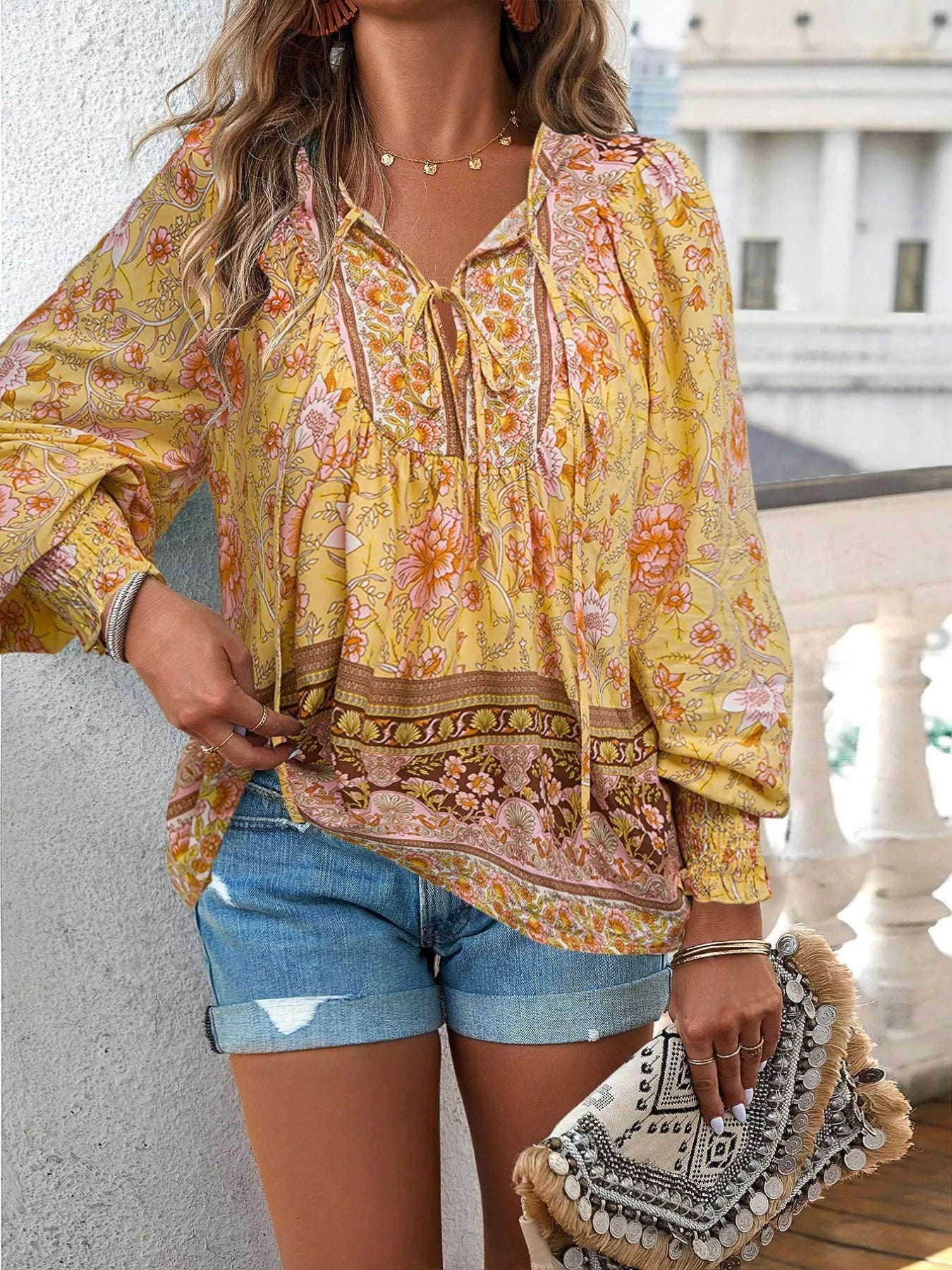 Floral Print Tie Neck Bohemian Blouse