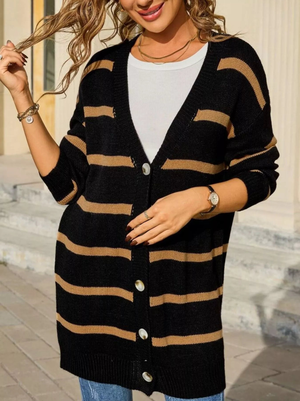 Striped Button-Down Knit Cardigan