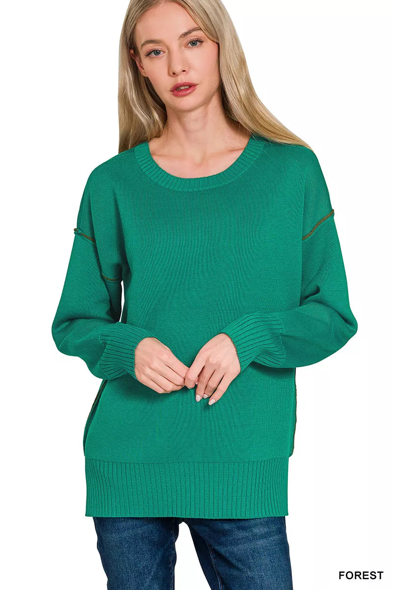 Zenana Round Neck Contrast Trim Sweater