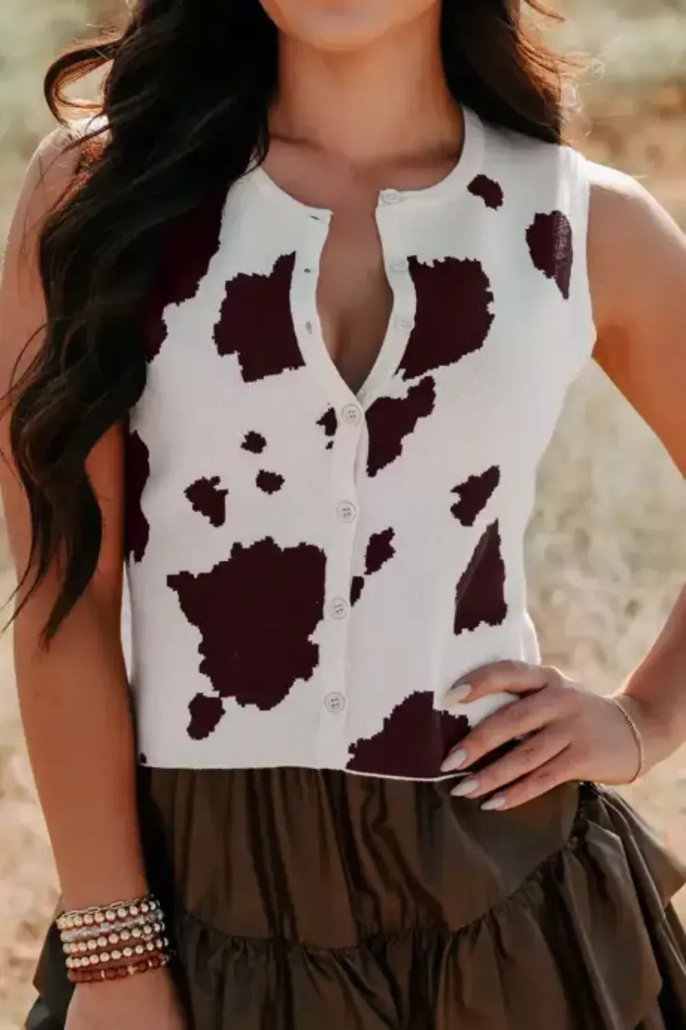 Cow Print Button-Down Sweater Vest