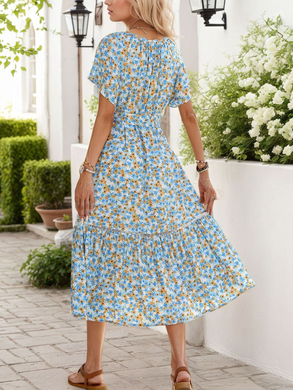 Floral Print Tie Neck Ruffle Hem Midi Dress