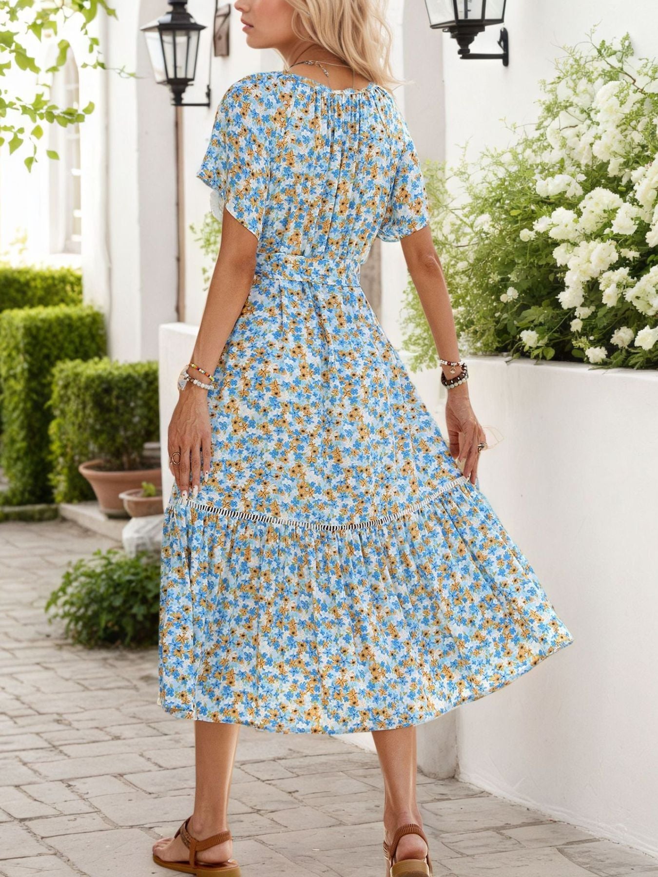 Floral Print Tie Neck Ruffle Hem Midi Dress