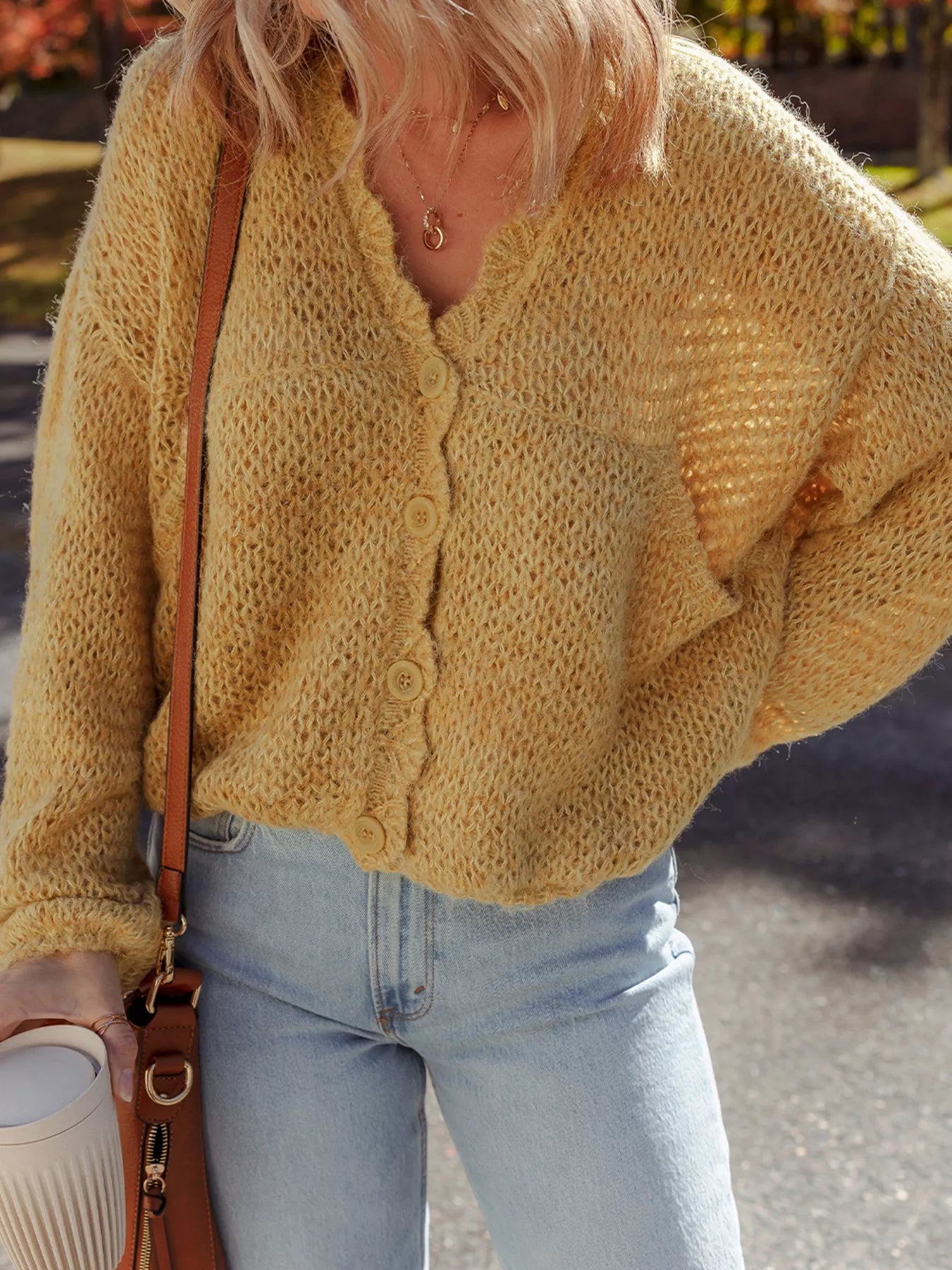 Lantern Sleeve Scallop V Neck Buttoned Front Cardigan