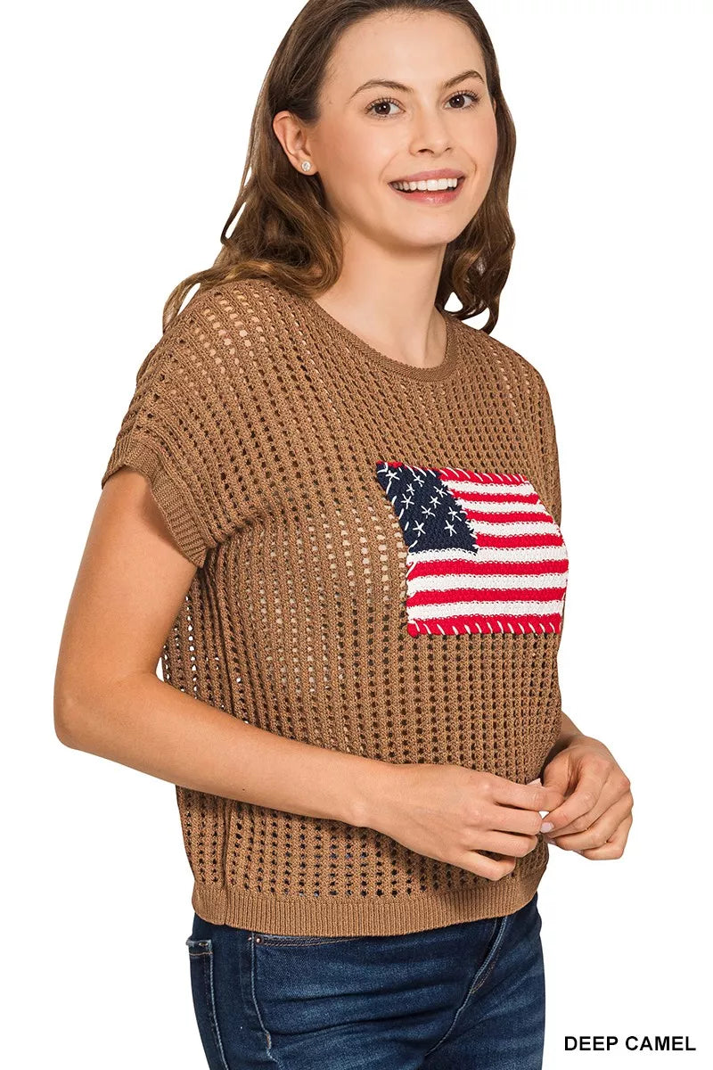 Zenana Viscose American Flag Openwork Knit Top