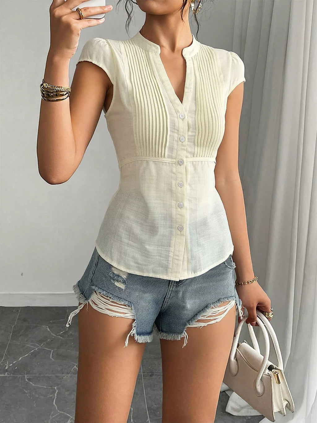 Button Up Cap Sleeve Shirt