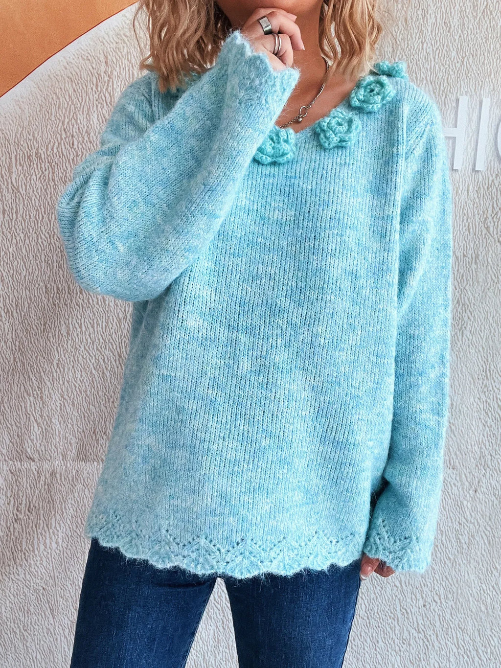 Flower V-Neck Long Sleeve Sweater