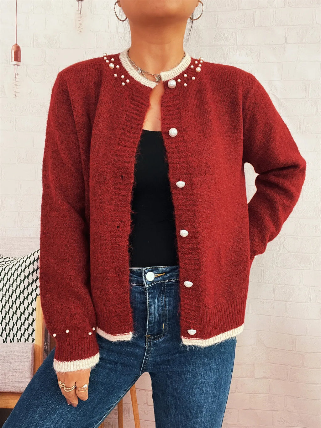 Pearl Embellished Button-Front Cardigan