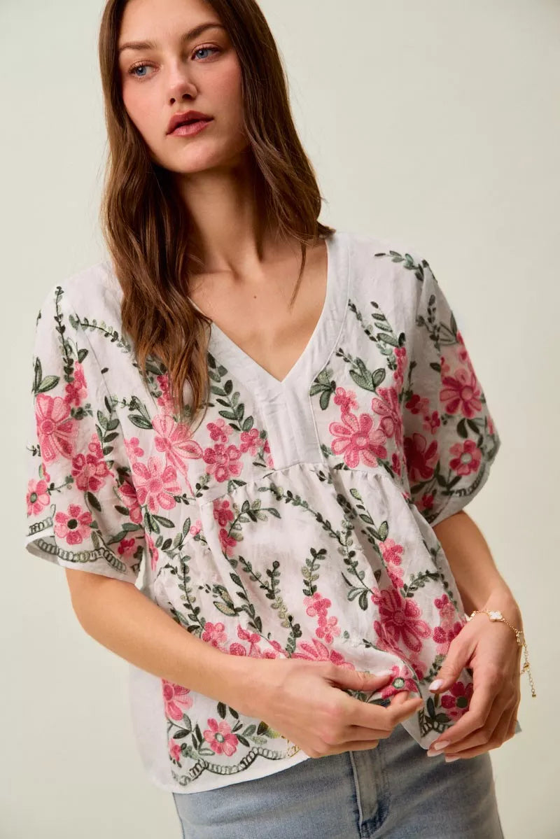 SO ME Floral Embroidered V Neck Boho Blouse Top