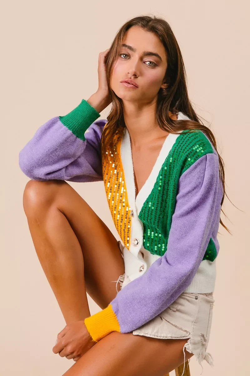 BiBi Mardi Gras Color Block Sequin Sweater Cardigan